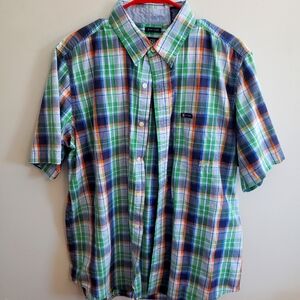 Chaps easy care button down mens shirt  L/G green and grey stripes